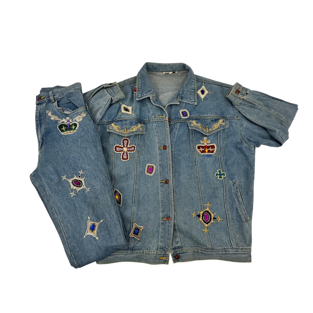Vintage Cedars Denim Jacket Jeans Set‎ Jeweled Beaded Women 28 Blue Crown